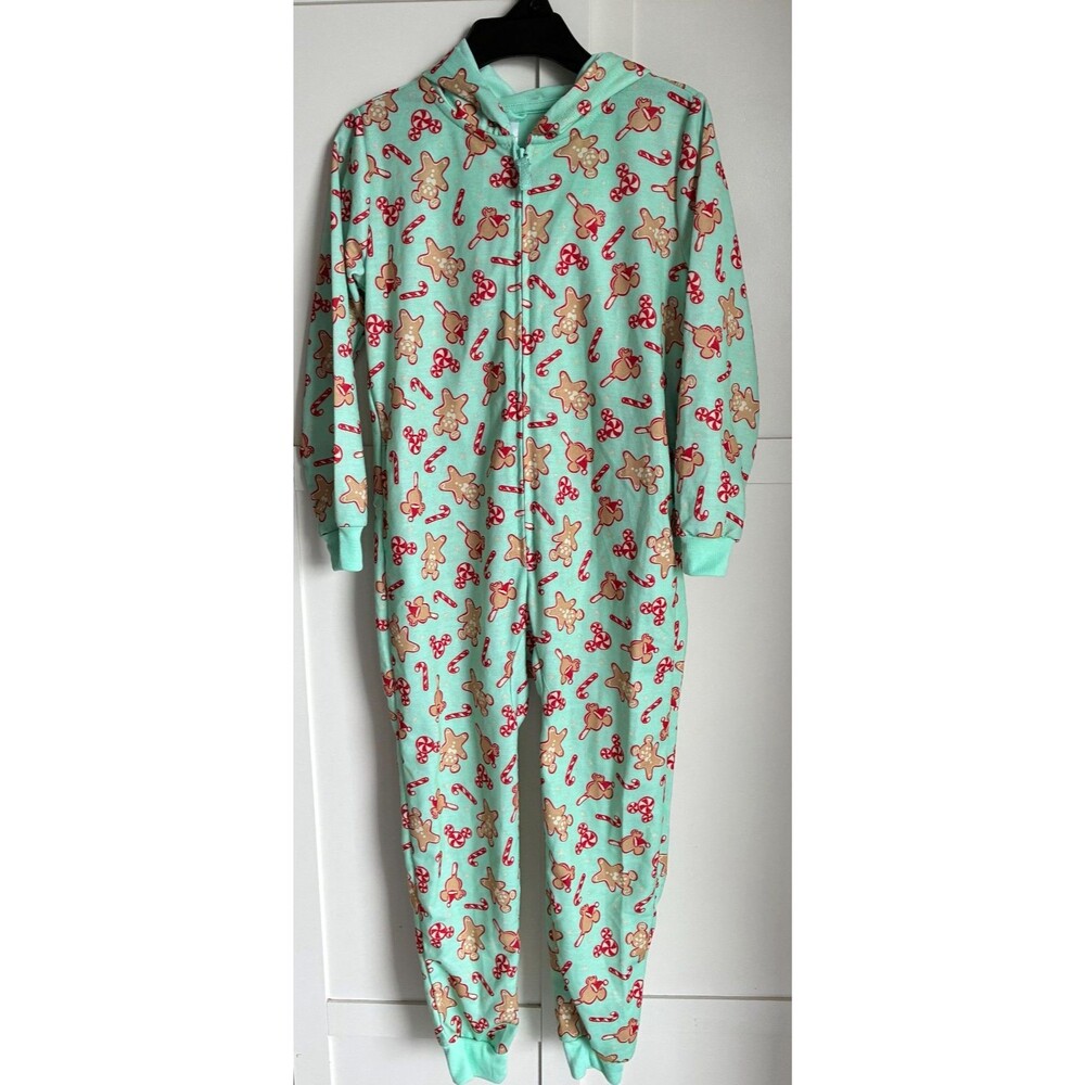 Disney Hooded One-Piece Pajama Girls Size 7/8 Mint Green Mickey Gingerbread Zip